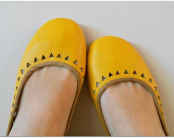 AZTEC. Mustard Leather Ballet Flats/ Women's Leather Shoe/ Cut-out flats.