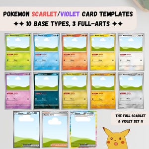 Ensemble complet sur le thème écarlate/violet - 10 types de base, 3 oeuvres d'art | Modèles de cartes Pokémon personnalisés | Modèles Canva et fichiers PNG | Facile à utiliser