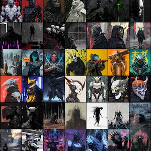 以下が含まれることがあります： 36枚の画像をコラージュしたもので、さまざまなキャラクターやデザインが描かれています。画像はほとんどが暗く、サイバーパンク、ファンタジー、ホラーなど、さまざまなスタイルが特徴です。キャラクターの中には、ヘルメットやマスクを着用しているものもいれば、詳細なメイクをしているものもいます。画像はグリッドパターンで配置されています。