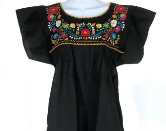 Bestickte Bluse, Bauer, Blumen, mexikanische Bluse, handgemachtes Schwarz