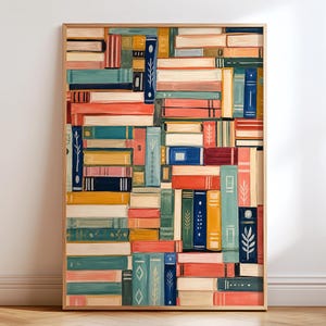 May include: A rectangular wall art print featuring a vertical and horizontal arrangement of stacked books in various colours including teal, coral, navy blue, yellow, and cream. The spines of the books display simple line art patterns and solid colours.