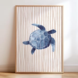 Sea Turtle Art Print, Nautical Stripes Wall Art, Coastal Ocean Decor Poster, Watercolour Marine Life Beach House Art, Ocean Wildlife Art