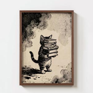 May include: A framed print featuring a black and white illustration of a cat carrying a stack of books. The cat is depicted with detailed fur and is standing on its hind legs. The background has a vintage, aged paper appearance.