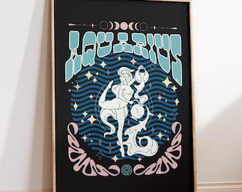 Aquarius Zodiac Art Print, Astrology Wall Art, Aquarius Poster, Retro Wall Art, Art Nouveau Poster, Vintage Astrology Art, Gift For Aquarius