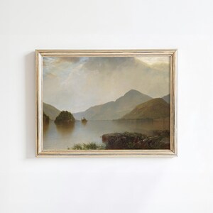 Serene Lakeside Landscape Art Print, Vintage Landscape Painting, Digital Download Printable Wall Art, Coastal Lake Scenery Painting, A-67