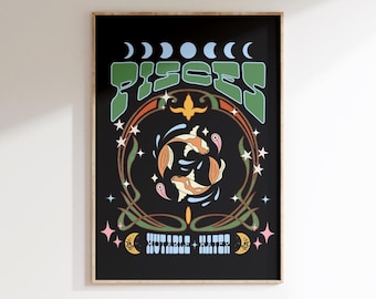 May include: A framed art print featuring the word "Pisces" in green, stylized lettering. The artwork includes two koi fish, stars, and crescent moons on a black background. The phrase "Mutable Water" is also included.