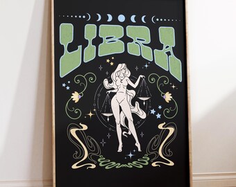 Waage Sternzeichen Art Print, Jugendstil Astrologie Wandkunst, Waage Poster, Retro Wandkunst, Jugendstil Poster, Vintage Astrologie Waage Geschenk