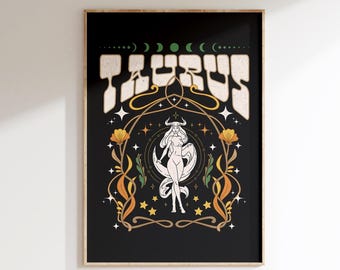 Taurus Zodiac Art Print, Art Nouveau Astrology Wall Art, Taurus Birthday, Retro Wall Art, Art Nouveau Poster, Vintage Astrology Taurus Gift