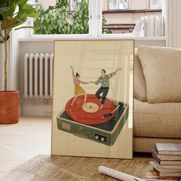 Couple Dancing On Vinyl Record Art Print, Retro Music Lover Poster, Vintage Record Player Wall Art, Vinyl Collector Art Print