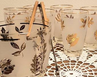 Juego de vajilla vintage Libbey: Vasos esmerilados florales dorados de mediados de siglo (juego de 4)