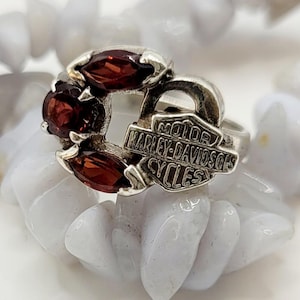 Harley-Davidson Sterling Silver Garnet Ring | Size 4 | Red Stone Motorcycle Ring | Biker Jewelry Gift for Her | 925 Silver Ring