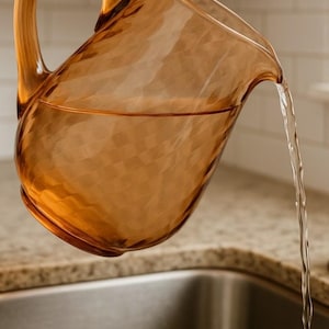 Vintage Amber Glass Pitcher: Mid-Century Swirl Design Barware