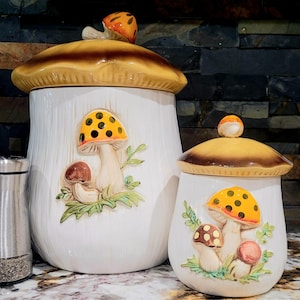 Juego de botes Sears Merry Mushroom de 1978 - Frascos de cocina de cerámica vintage - Decoración retro cottagecore de los años 70