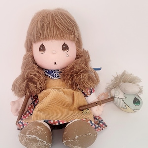 Vintage 1980s Precious Moments Wendy Crying Doll with Broken Stick Horse