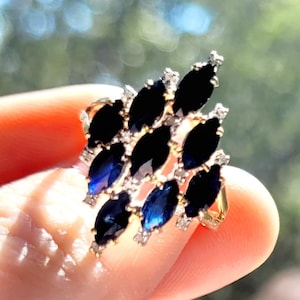 14K Gold Blue Sapphire Diamond Cluster Ring • Natural Marquise Gemstone • Vintage Size 7 Jewelry