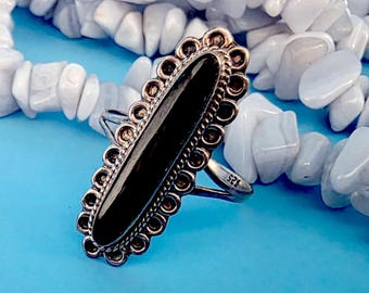 Black Onyx Sterling Silver Ring Size 8 Vintage Filigree Style