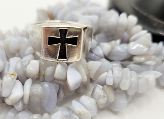 Black Cross Inlay Sterling Silver Ring: Wide Band… - image 1