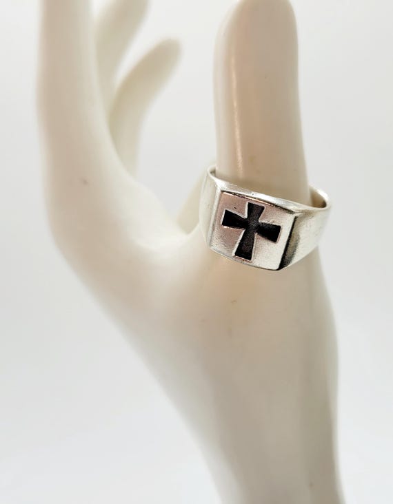 Black Cross Inlay Sterling Silver Ring: Wide Band… - image 2