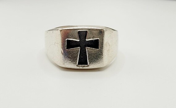 Black Cross Inlay Sterling Silver Ring: Wide Band… - image 6