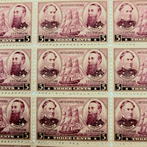 Vintage 1945 Farragut Porter Stamp Sheet – 3 cents U.S. Navy Patriotic Commemorative Stamps – Block of 50 – Scott 941 – WWII Era