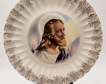 Vintage Jesus Christ Plate: 23K Gold Religious Ceramic Art