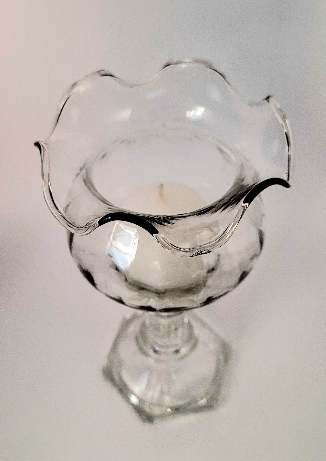 Vintage Glass Pedestal Candle Holder: Ruffled Rim Wedding Centerpiece ...