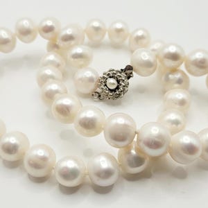 10mm South Sea Shell Pearl Necklace – 16” Hand-Knotted White Pearls with Decorative Floral Clasp