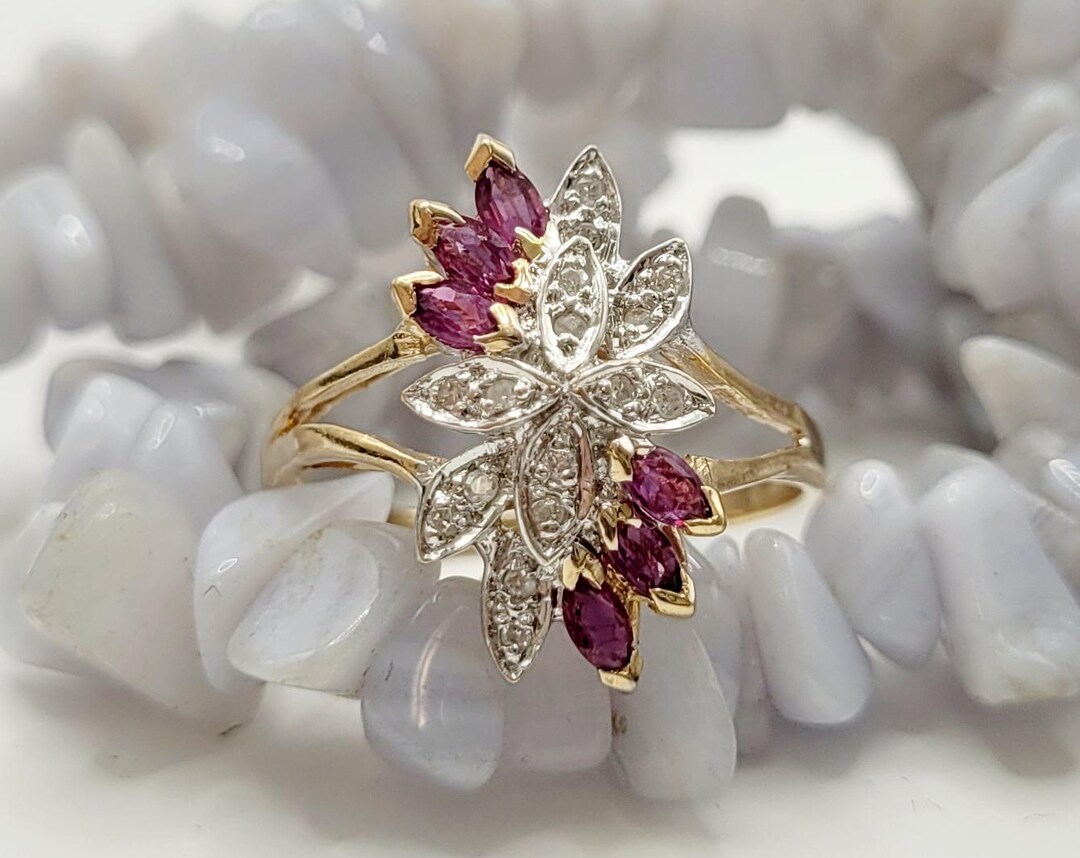 14K Gold Ruby Diamond Ring: Vintage Floral Cluster, July Birthstone ...