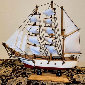 Handmade Wooden Sailboat Model: Nautical Coastal Decor, Maritime Gift