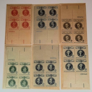 Vintage Champion of Liberty 4 cent Stamp Plate Blocks – Set of 6 | Mint Condition | U.S. History Collectible | Patriotic Stamp Lot