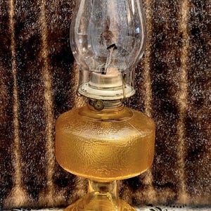 Vintage Amber Glass Kerosene Oil Lamp: Hobnail Chimney, Brass Burner