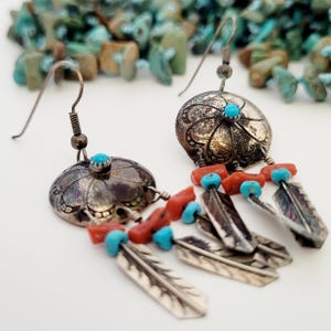 Vintage Feather Earrings • Sterling Silver • Coral & Turquoise Dangles • Navajo Style • Boho Western Jewelry
