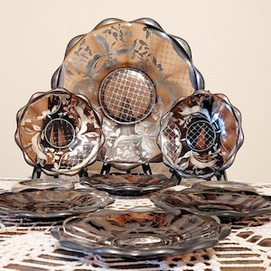 Vintage Silver Overlay Glass Plate Set: Floral Dessert & Serving Plates