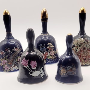 Vintage Japanese Porcelain Bell Set: Floral & Bird Design, Gold Trim