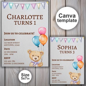 印刷可能な子供の誕生日の招待状、編集可能なパーティーの招待状、サイズ 9x16、Canva テンプレート、風船付きテディベア、水彩