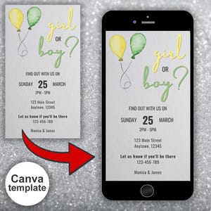 デジタル性別発表パーティー招待状、黄色と緑 (中間色)、編集可能な Canva テンプレート、サイズ 9x16 (電話)