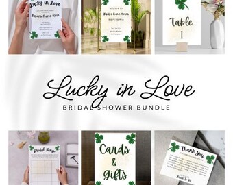 May include: Printable bridal shower bundle with a green shamrock theme. The bundle includes a welcome sign, table number, bridal bingo card, cards and gifts sign, and a thank you card. The text on the welcome sign reads "Welcome to Bride's Name Here Bridal Shower". The text on the table number reads "Table 1". The text on the bridal bingo card reads "Bridal Bingo". The text on the cards and gifts sign reads "Cards & gifts". The text on the thank you card reads "Thank You".