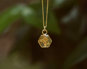 Gold Flake and Clear Resin Hexagon 14kt Gold Plated Open Bezel Necklace