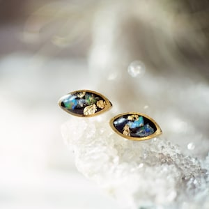 Ethiopian Opal on Black with Gold Leaf eye marquise earrings