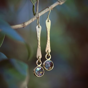 The Capri ~ Hammered Bar Drop Earrings with open bezels crushed gems minerals