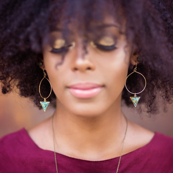 Triangle Hoop Earrings with Turquoise Stone and Gold Leaf Flake