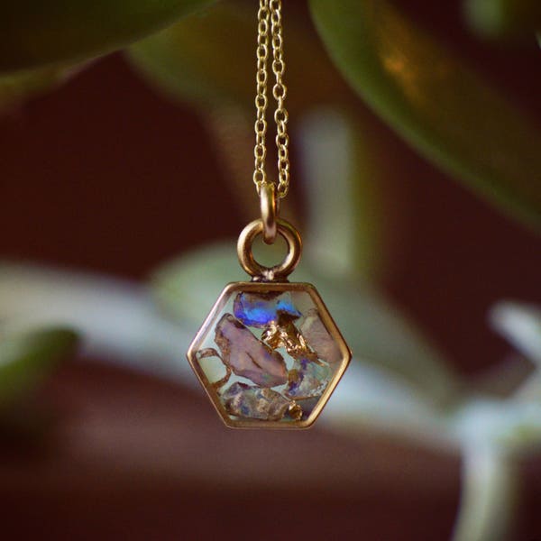 Ethiopian Raw Opal + Gold Leaf Hexagon Inlay Necklace