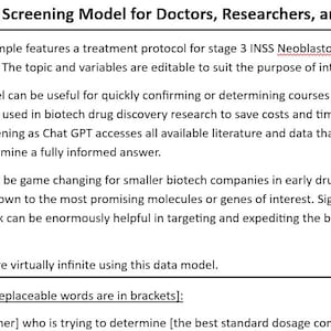 May include: A text-based document describing a 3D data model for doctors, researchers, and students. The document explains how the model can be used to quickly confirm or determine courses of treatment for patients, as well as to save costs and time in biotech drug discovery research. The document also mentions that the model can be used to screen down to the most promising molecules or genes of interest in early drug discovery stages.