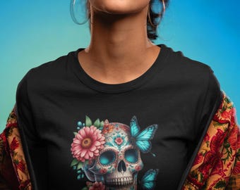 Floral Skull T-Shirt, Gothic Graphic Tee