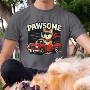 Grappig donker T-shirt hondenliefhebber | 'Pawsome' woordspeling-T-shirt | Cool shirt met puppyprint | T-shirt met cadeau voor ouders | Retro hondenshirt voor hondenliefhebbers
