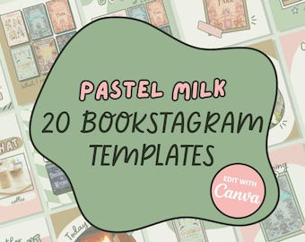 May include: A digital collage of 20 pastel green and pink bookstagram templates with the text "PASTEL MILK 20 BOOKSTAGRAM TEMPLATES EDIT WITH CANVA" in the center.