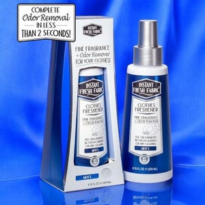 Puede incluir: Una botella azul y blanca de ambientador para ropa Instant Fresh Fabric y una caja a juego. El texto de la caja y la botella dice "¡Eliminación completa de olores en menos de 2 segundos!" y "¡Fragancia fina + eliminador de olores para tu ropa!"