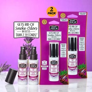May include: Two packs of Instant Fresh Air air fragrance odor eliminator in lavender bliss scent. The packaging is purple and white, with text that reads "Gets rid of smoke odors in less than 2 seconds!" Each bottle is 1.7 fl oz (50 ml).