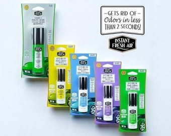 Set: Kit de frescura premium para automóvil: 4 aromas para el aire del automóvil + limpiador de derrames para automóvil • Eliminación de olores en 2 segundos • Eliminador de olores de humo, alimentos y mascotas.