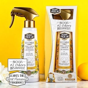 May include: A white and gold toilet odor eliminator spray bottle and packaging with the text "Instant Fresh Air" and "Secunda". The packaging reads "Blocks #2 Odors Instantly!" and "Citrus Verbena". A white flower and a yellow fruit are also in the image.